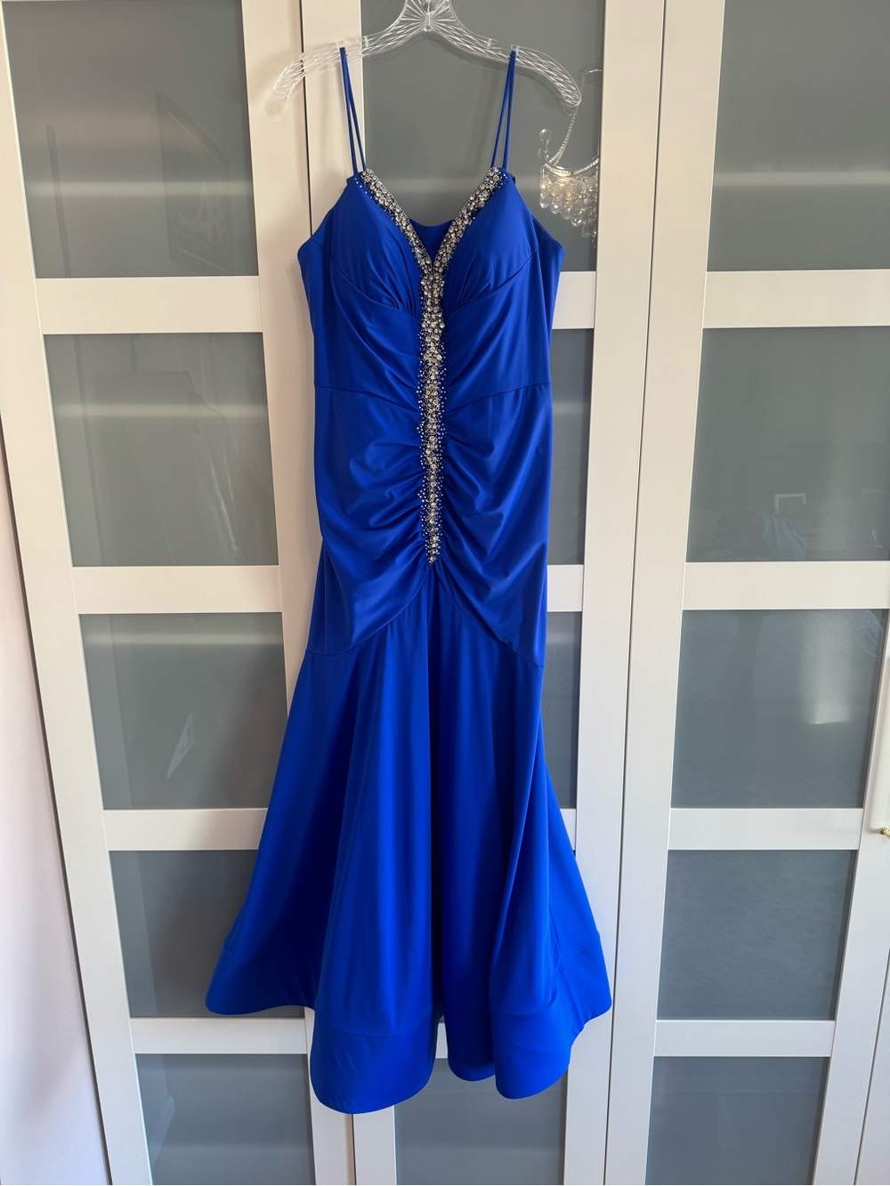 Beaded Cobalt Blue Prom Dress with Spaghetti Straps